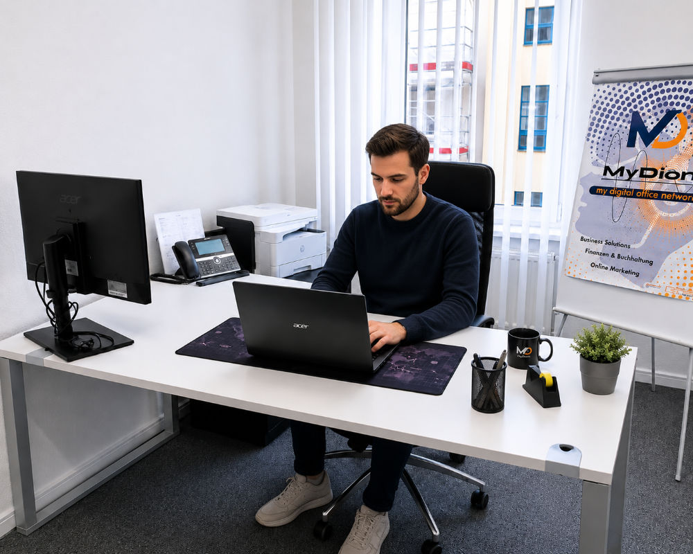 Einzelperson arbeitet konzentriert am Schreibtisch